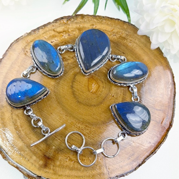 Blue Labradorite Bracelet Chunky Vintage Boho Southwest Style Pear Oval New 925 - Picture 2 of 6